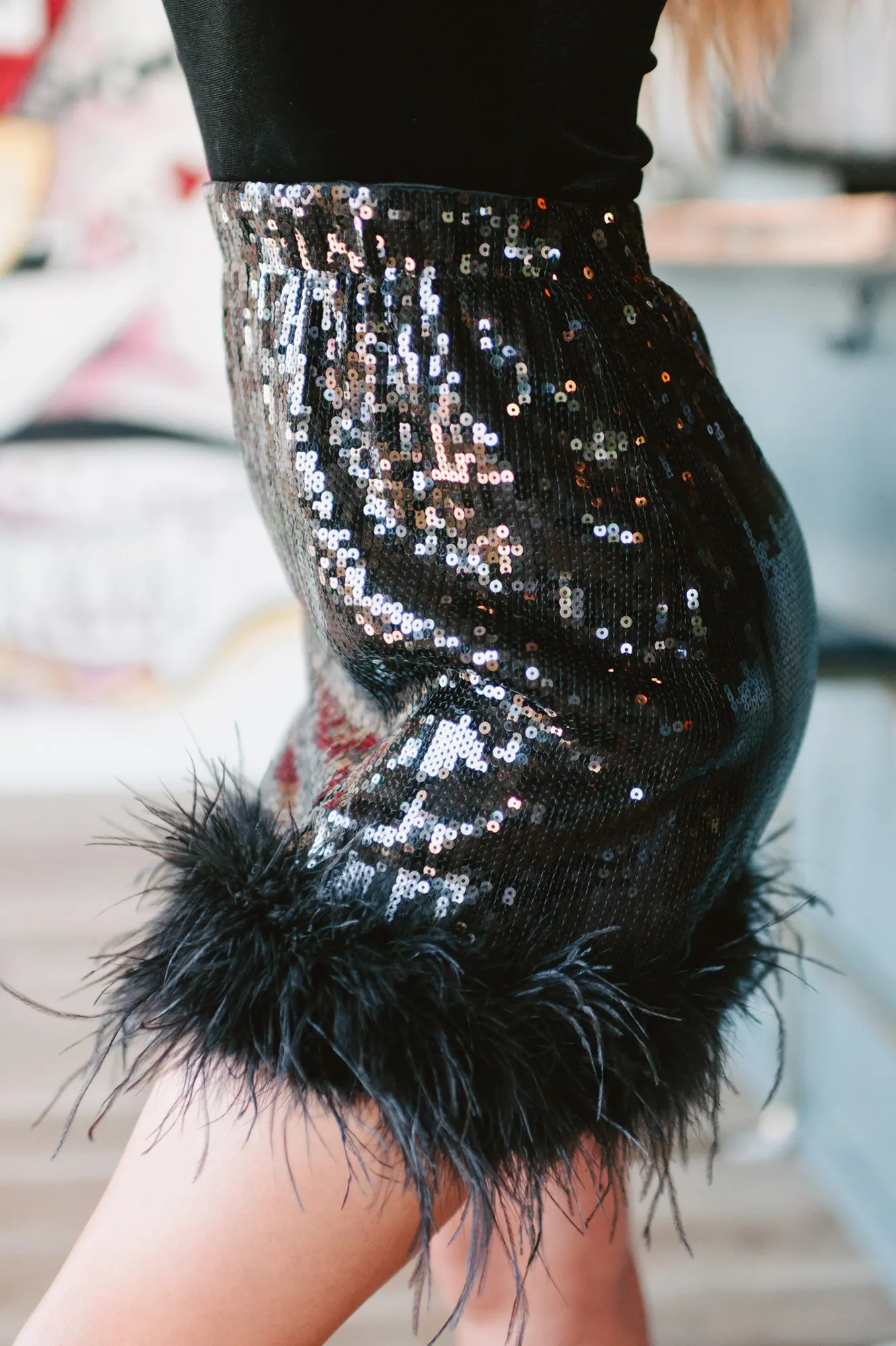 Sequin Sensation High Waisted Sequin Feather Mini Skirt (Black)