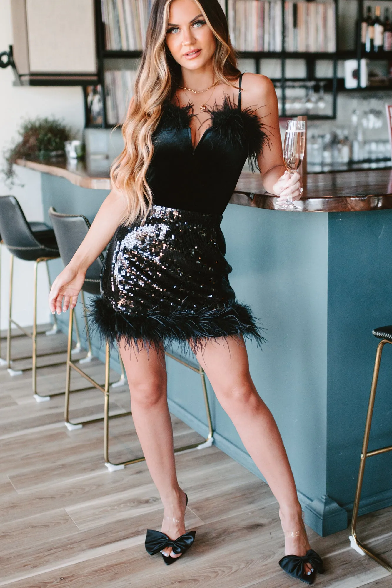 Sequin Sensation High Waisted Sequin Feather Mini Skirt (Black)