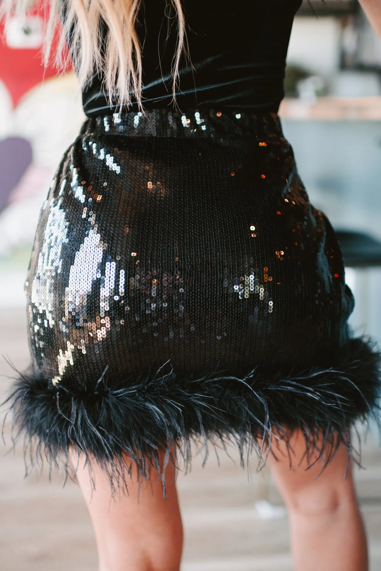 Sequin Sensation High Waisted Sequin Feather Mini Skirt (Black)