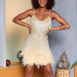 Sequins V-Neck Sleeveless Tassel Design Feather Party Dress