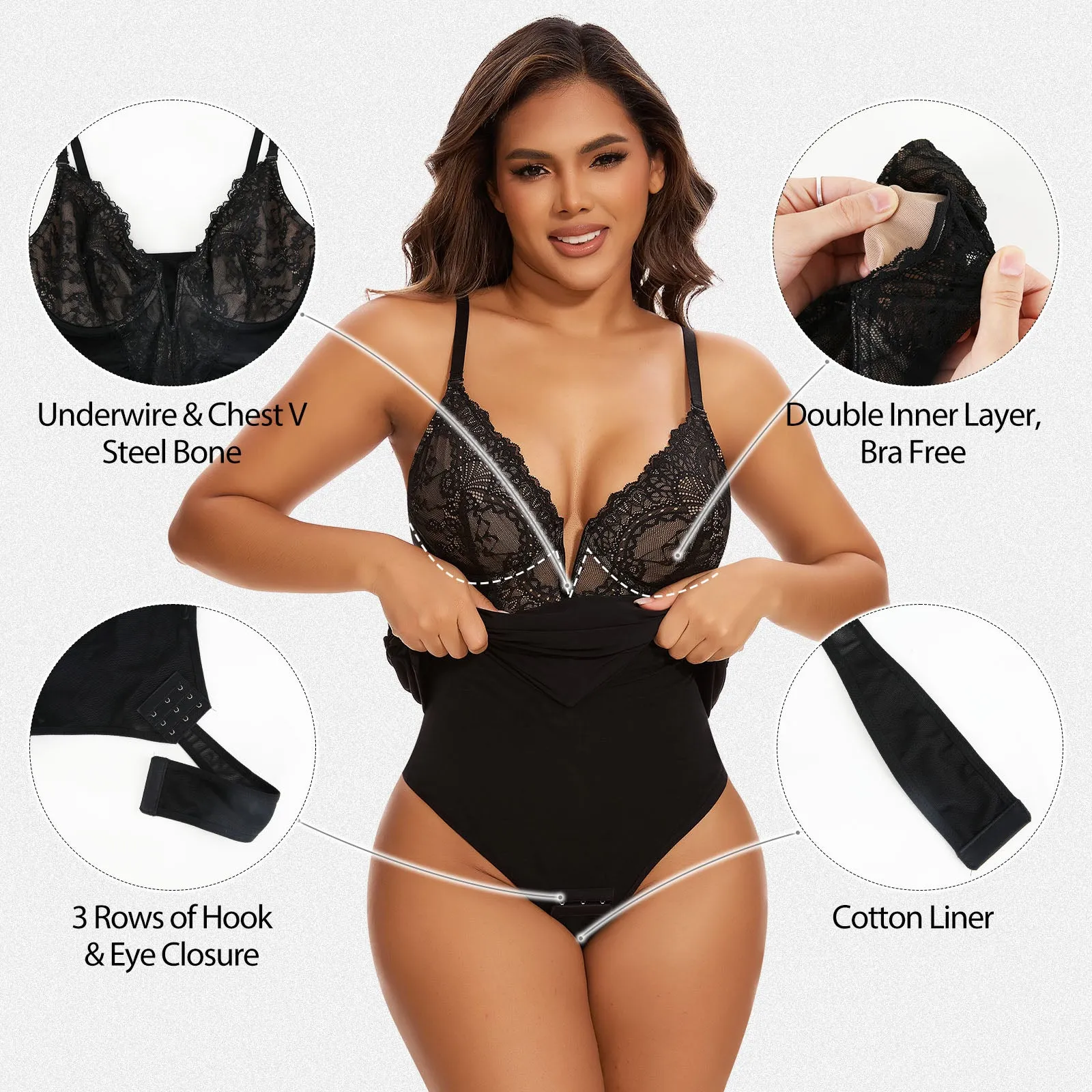 Shaperin Shapewear Dress Deep V Neck Lace Bodycon Mini Dress