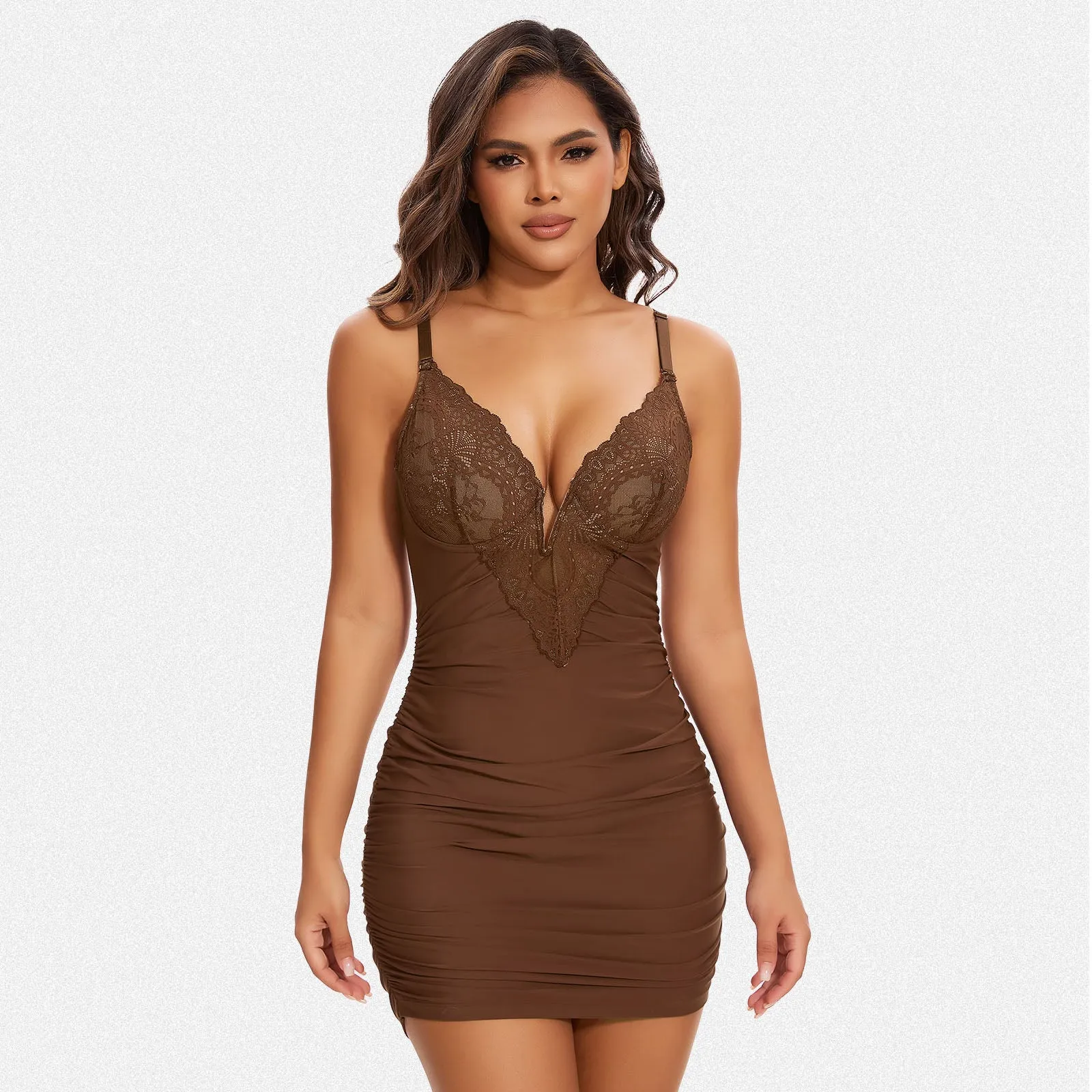 Shaperin Shapewear Dress Deep V Neck Lace Bodycon Mini Dress