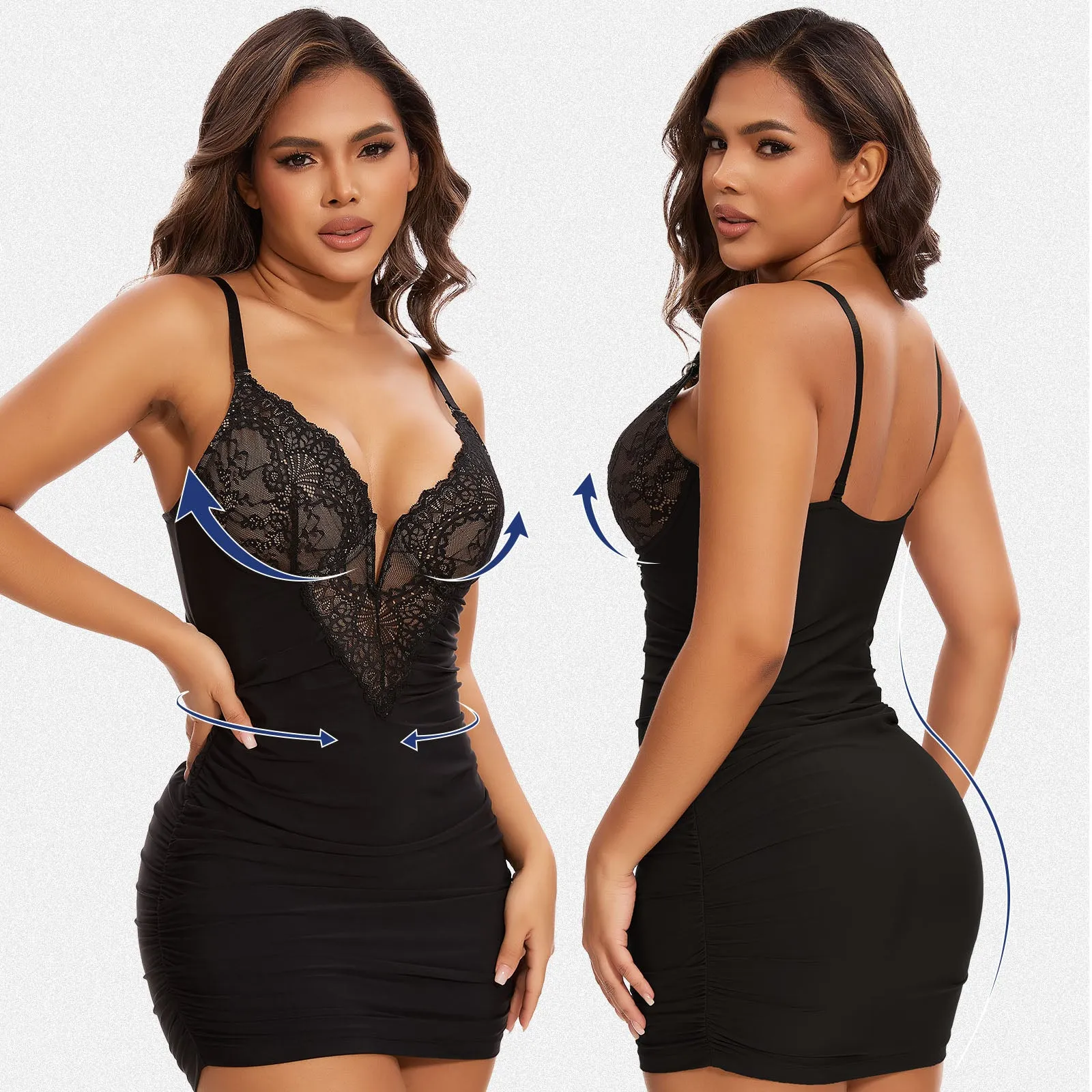 Shaperin Shapewear Dress Deep V Neck Lace Bodycon Mini Dress