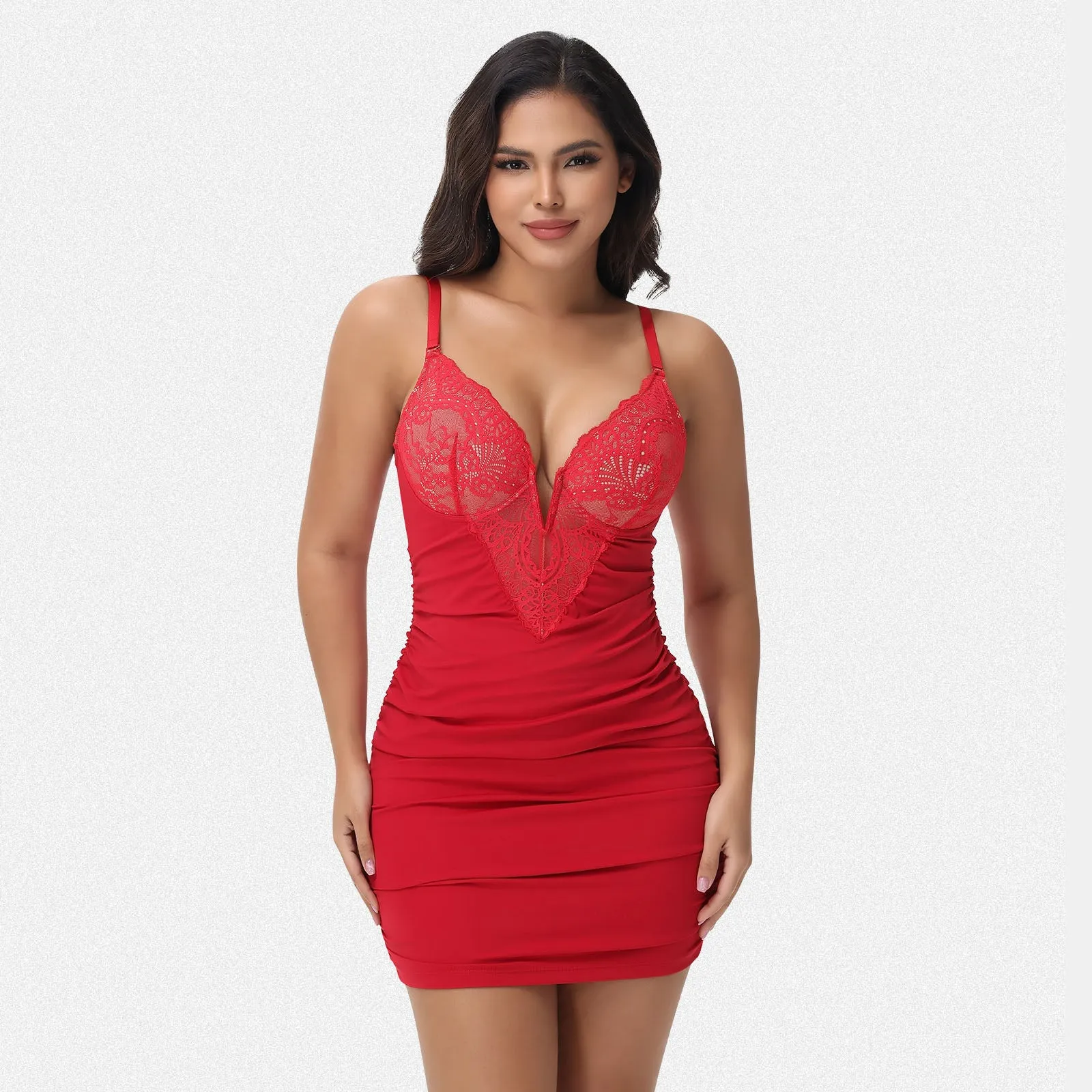 Shaperin Shapewear Dress Deep V Neck Lace Bodycon Mini Dress