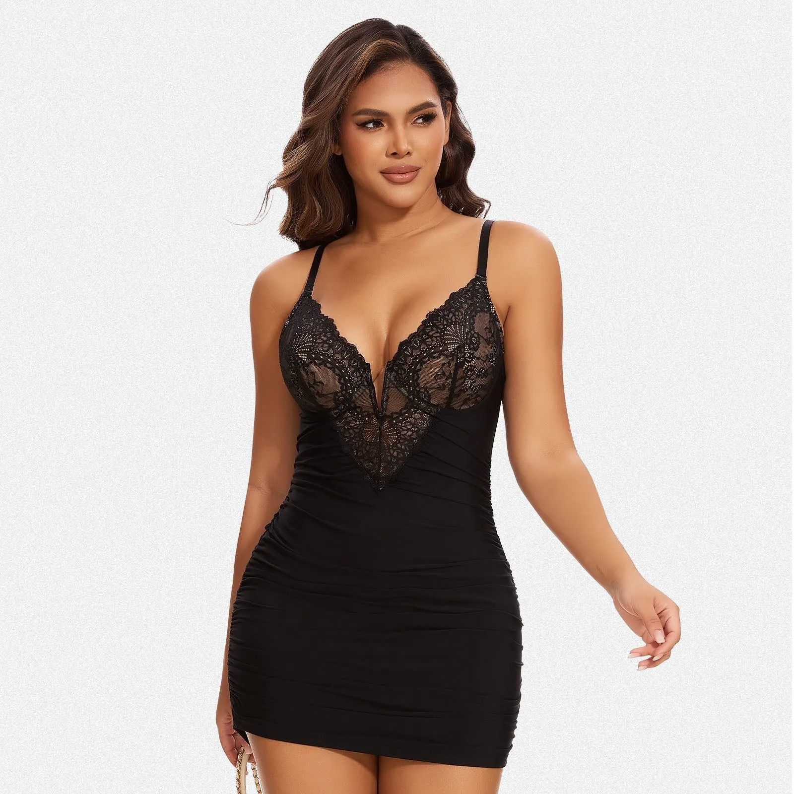 Shaperin Shapewear Dress Deep V Neck Lace Bodycon Mini Dress