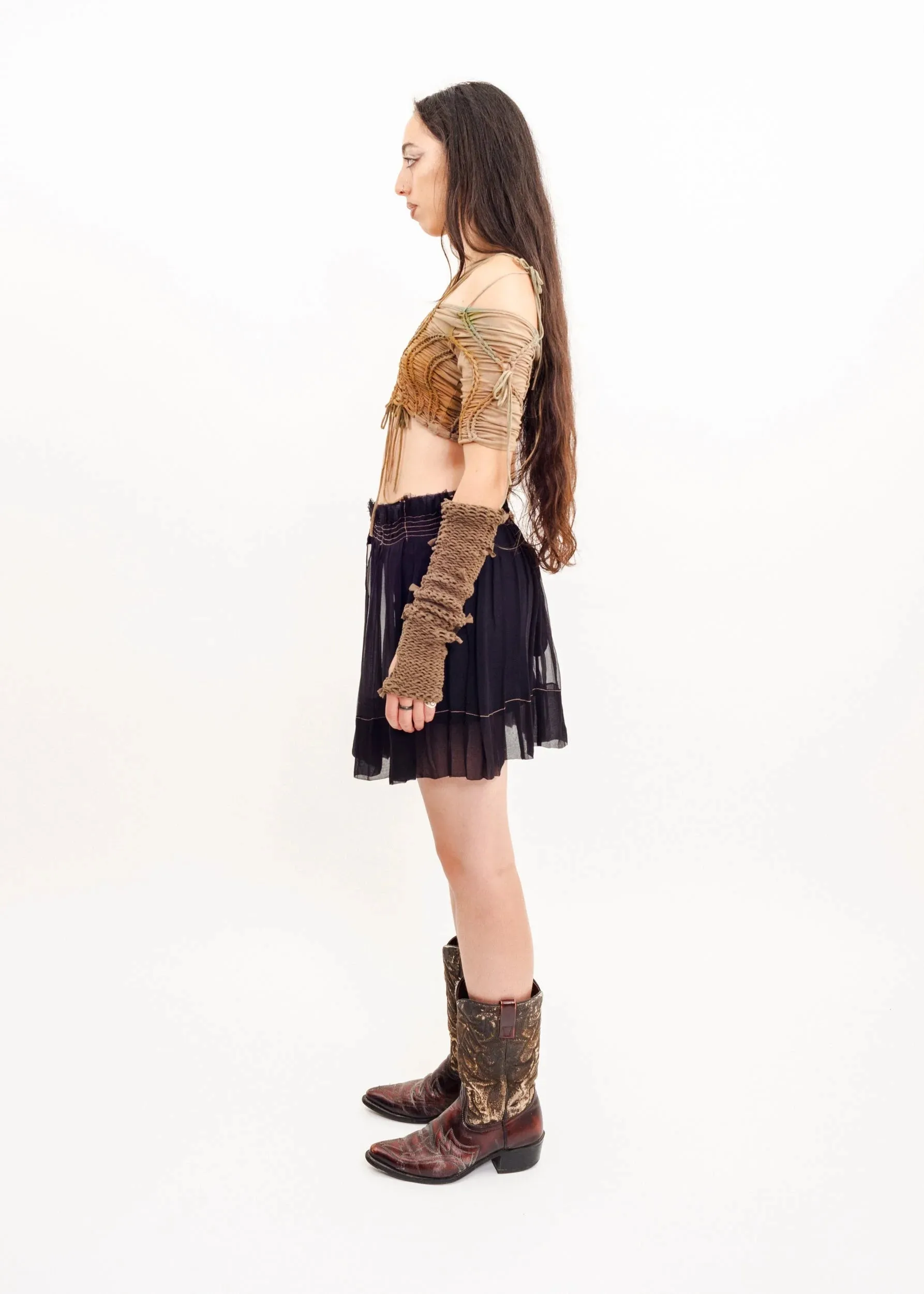 Silk overlay denim skirt