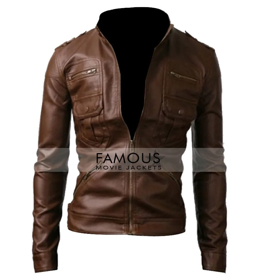 Slim Fit Zip Pocket Light Brown Motorcycle Jacket