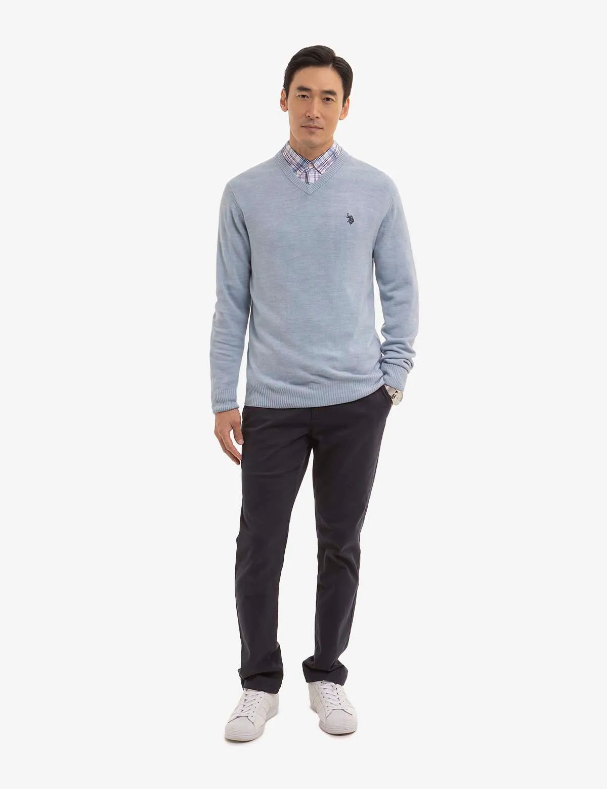 SOFT SOLID JERSEY V-NECK SWEATER