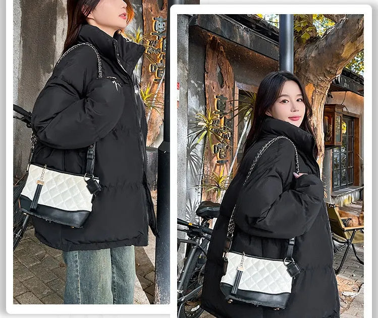 Solid Color Quilted Puffer Jacket with Full Zip for Women
