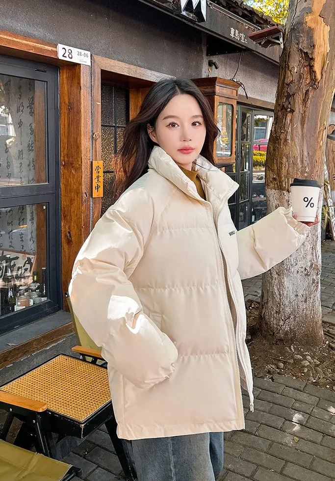 Solid Color Quilted Puffer Jacket with Full Zip for Women