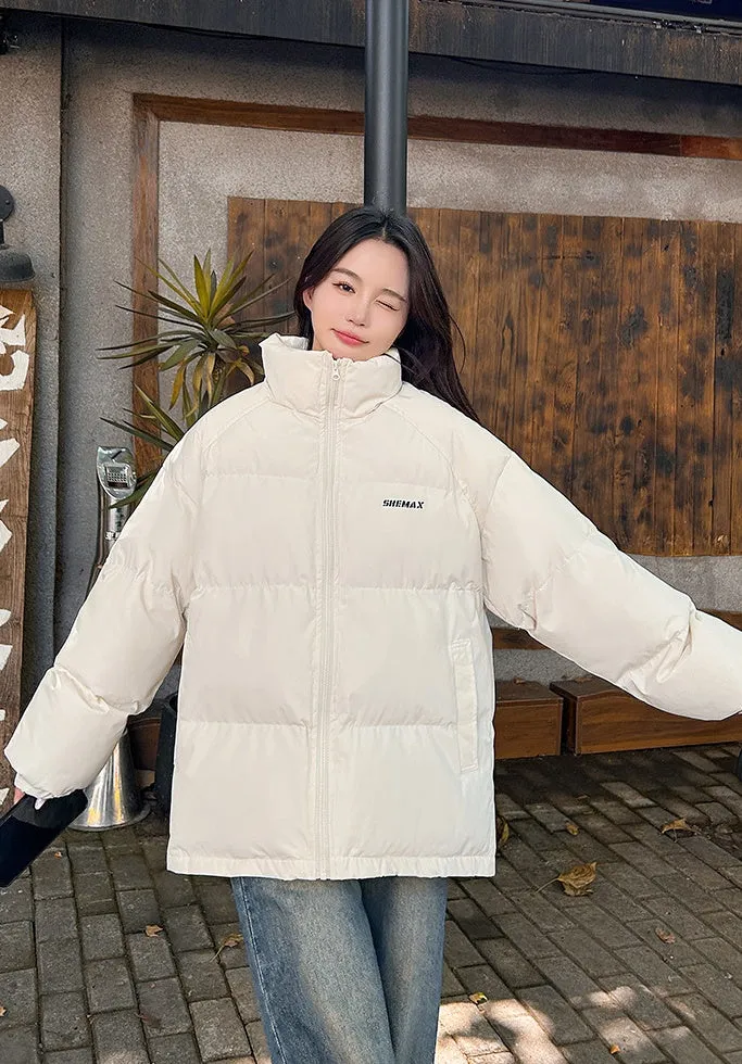 Solid Color Quilted Puffer Jacket with Full Zip for Women