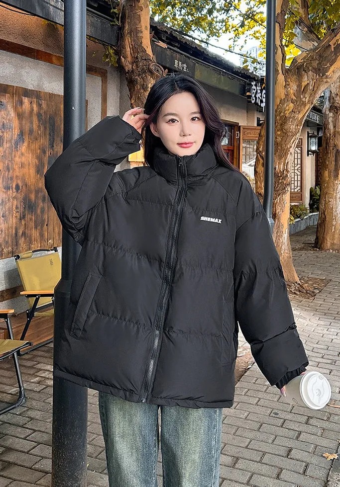 Solid Color Quilted Puffer Jacket with Full Zip for Women