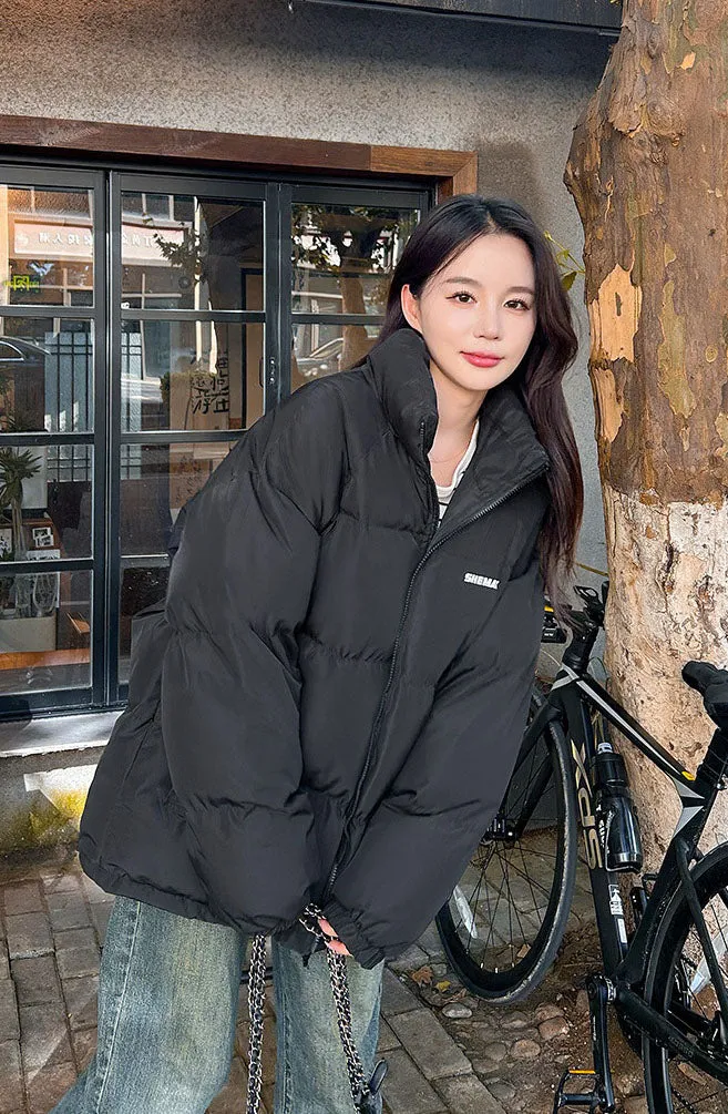Solid Color Quilted Puffer Jacket with Full Zip for Women