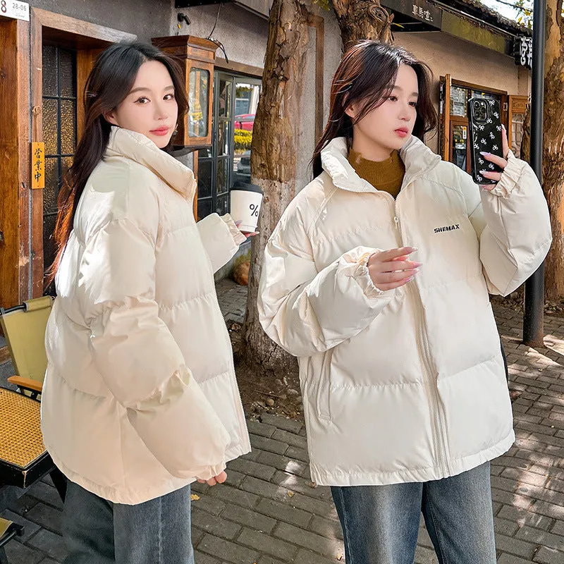 Solid Color Quilted Puffer Jacket with Full Zip for Women