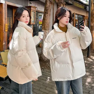 Solid Color Quilted Puffer Jacket with Full Zip for Women