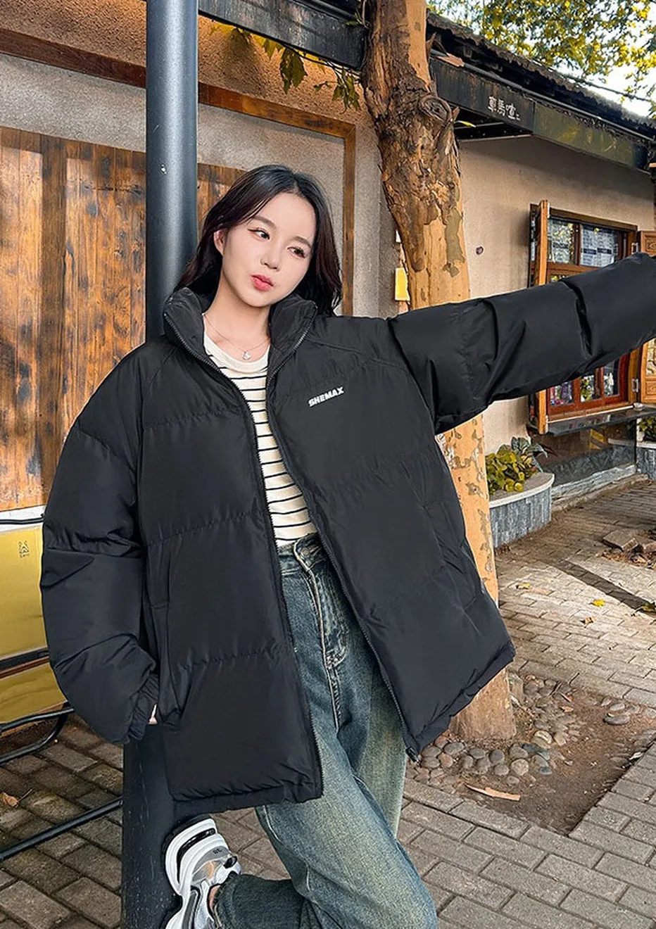 Solid Color Quilted Puffer Jacket with Full Zip for Women