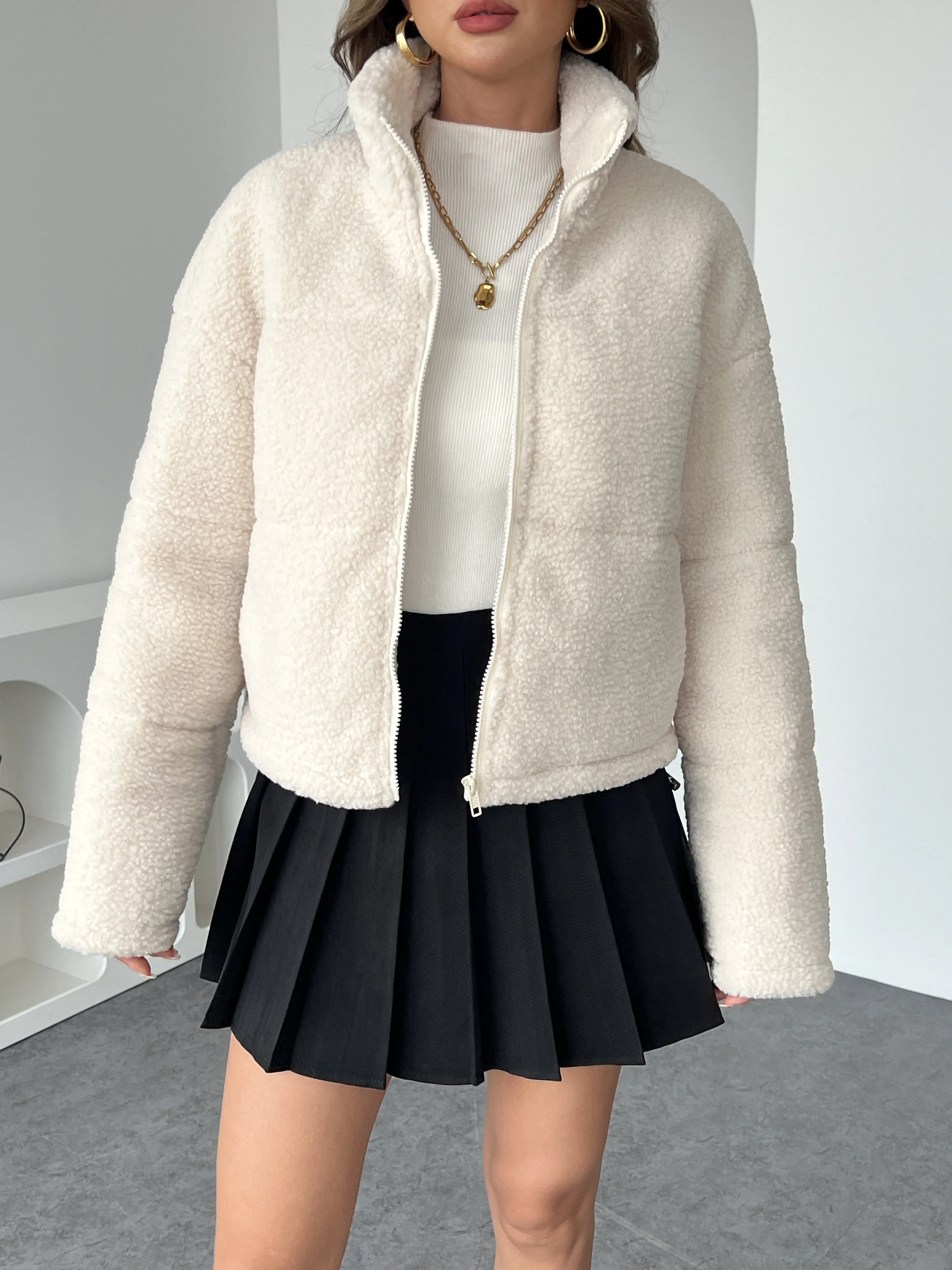 Solid Colour Zip-Up Teddy Jacket