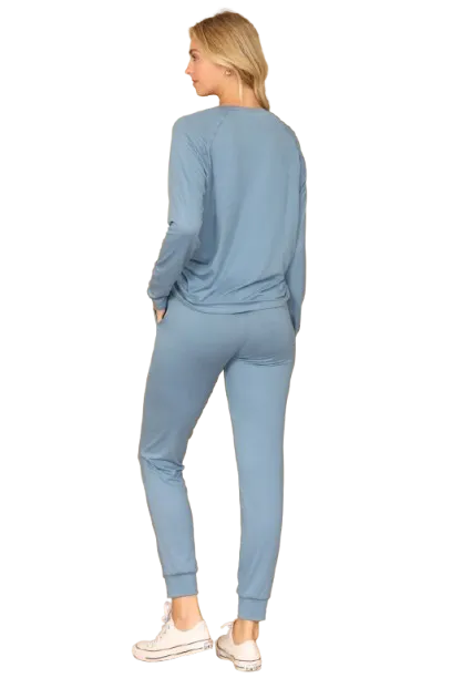 Solid Long Sleeve Top and Joggers Set with Self Tie Coronet Blue - Pack of 6