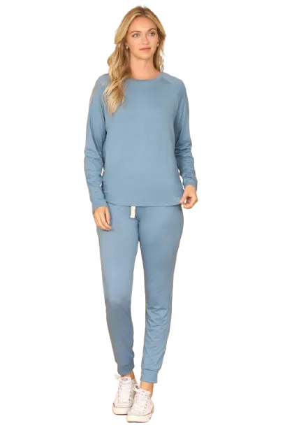 Solid Long Sleeve Top and Joggers Set with Self Tie Coronet Blue - Pack of 6