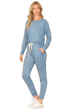 Solid Long Sleeve Top and Joggers Set with Self Tie Coronet Blue - Pack of 6