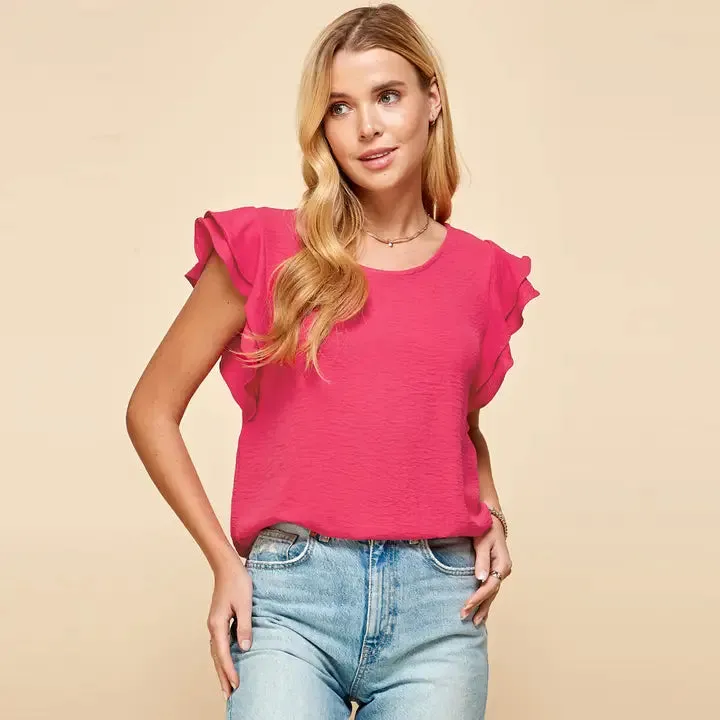 Solid Short Ruffle Sleeve Top
