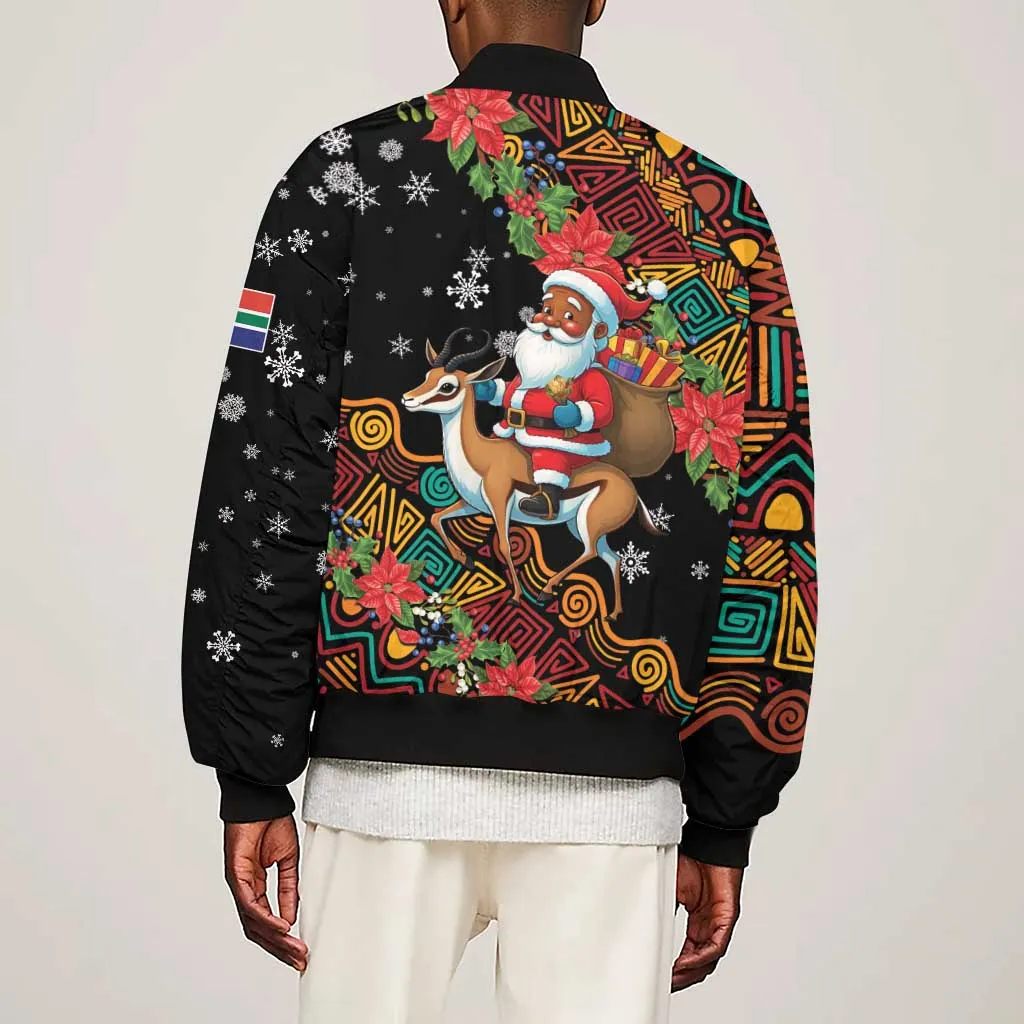 South Africa Gelukkige Kersfees Sleeve Zip Bomber Jacket Black Santa Claus Riding Springbok LT01