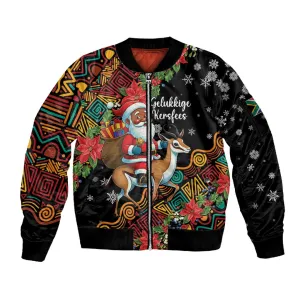 South Africa Gelukkige Kersfees Sleeve Zip Bomber Jacket Black Santa Claus Riding Springbok LT01