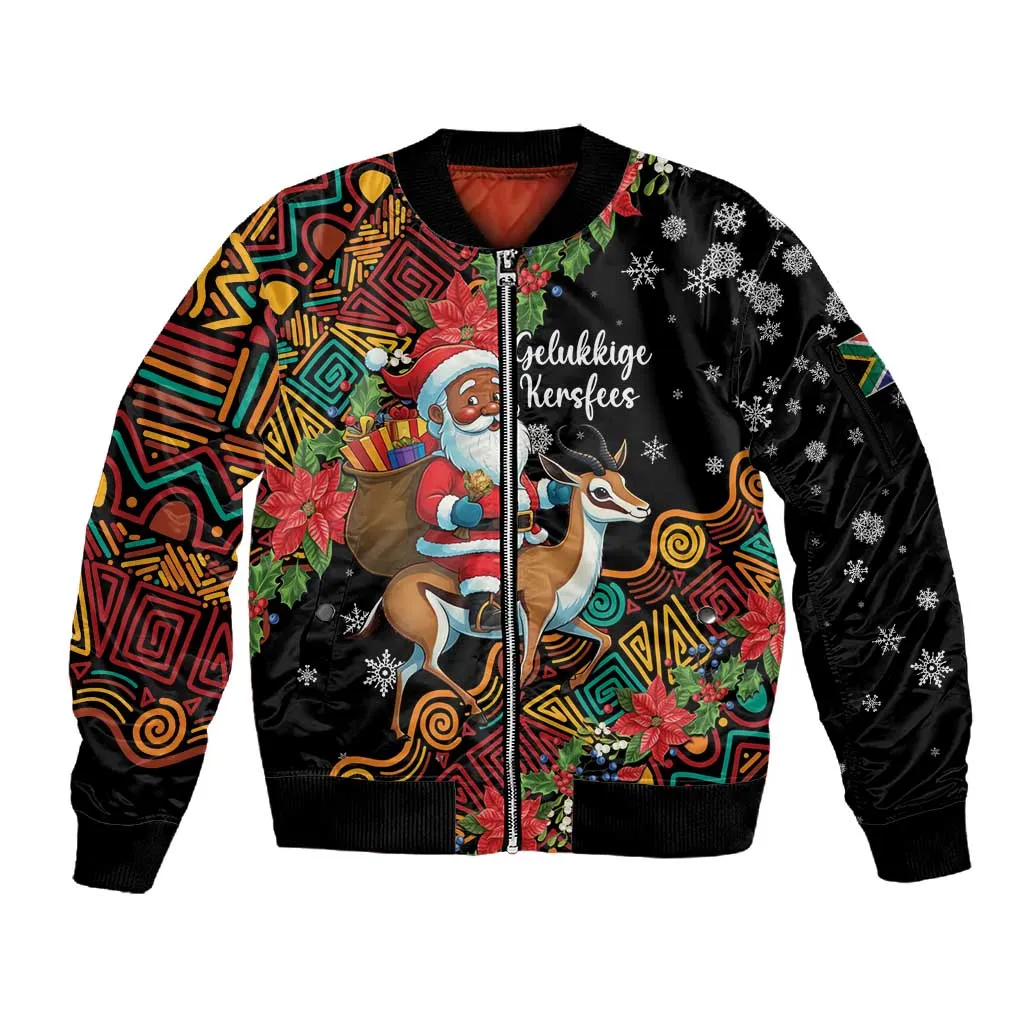South Africa Gelukkige Kersfees Sleeve Zip Bomber Jacket Black Santa Claus Riding Springbok LT01
