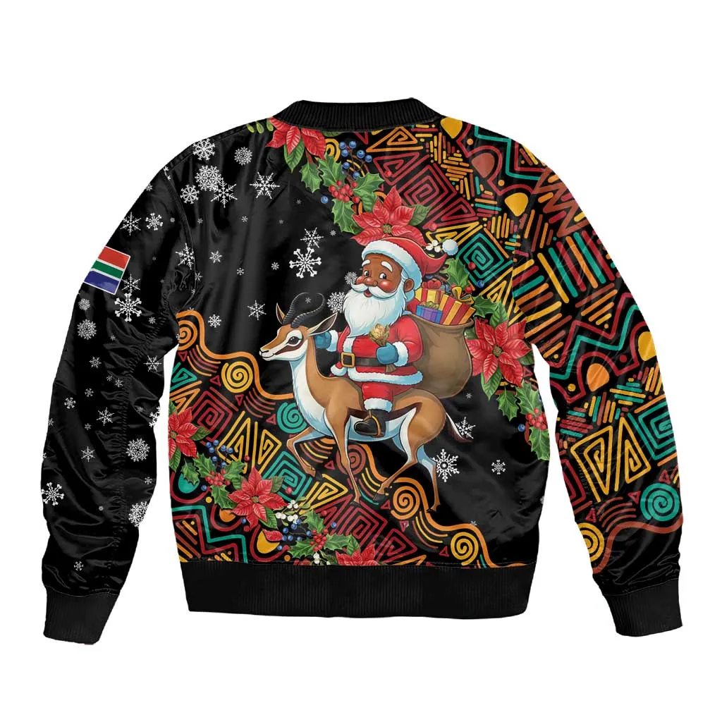 South Africa Gelukkige Kersfees Sleeve Zip Bomber Jacket Black Santa Claus Riding Springbok LT01