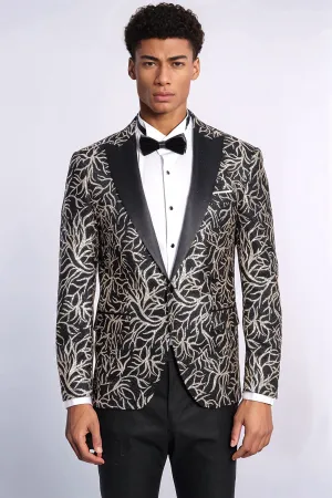 Sparkling Ivy Patterned Slim Fit Black Men Prom Blazer - Wessi