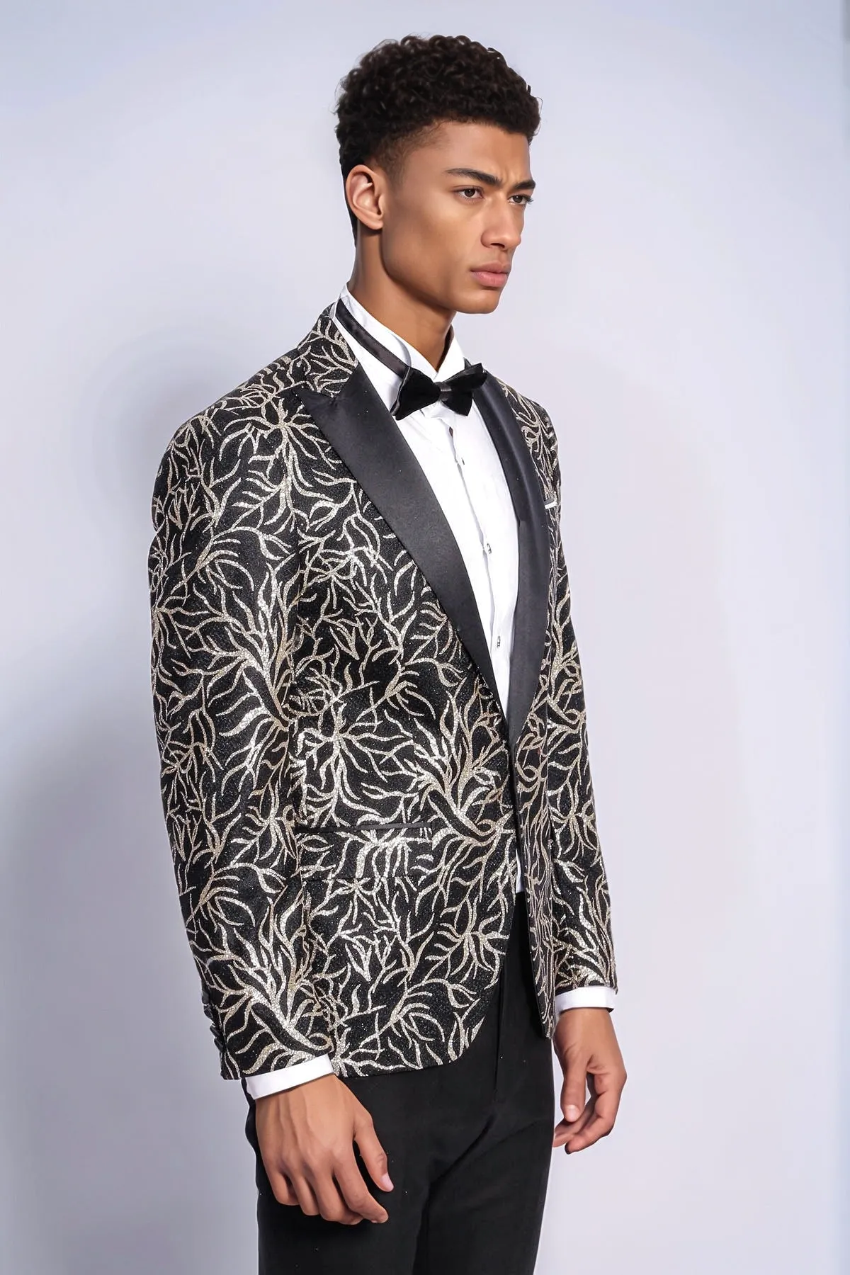 Sparkling Ivy Patterned Slim Fit Black Men Prom Blazer - Wessi