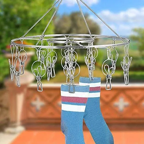 Stainless Steel Clothes Drying Racks Laundry Drip Hanger Laundry Clothesline Hanging Rack Set of 24 Clothespins for Drying Clothes, Towels, Underwear, Lingerie, Socks
