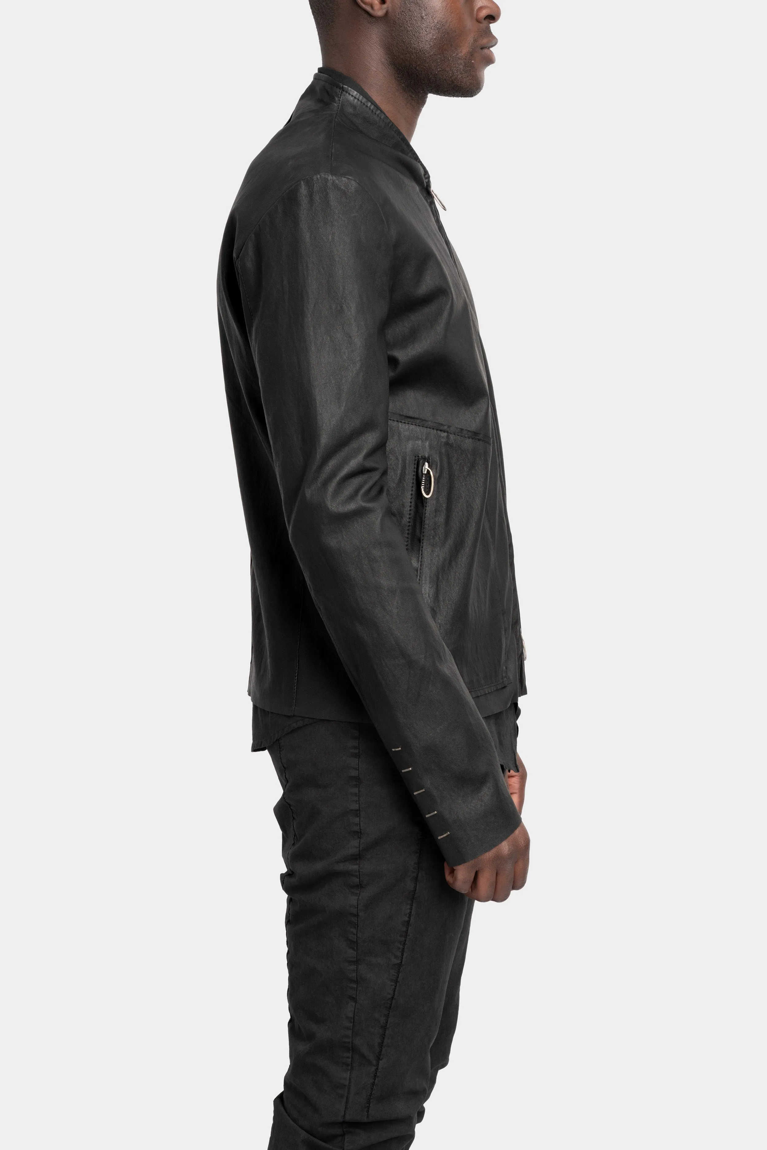 Standing collar stretch leather jacket