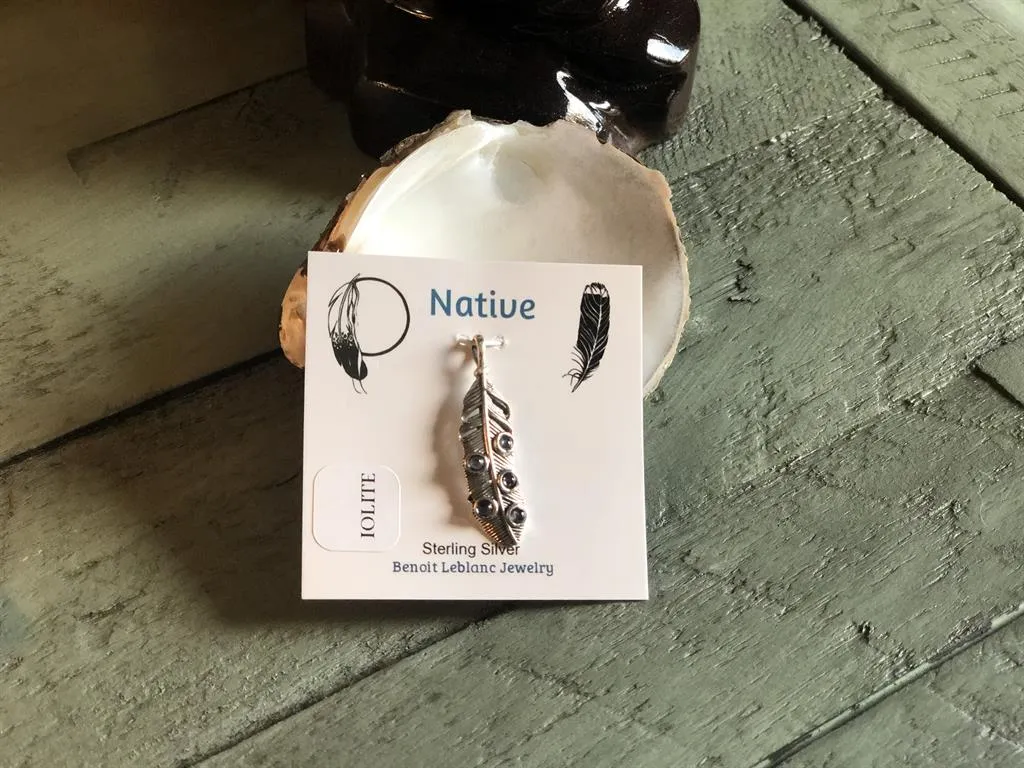 Sterling Silver Feather with Iolite Pendant / Charm with Drawstring Pouch FB2693