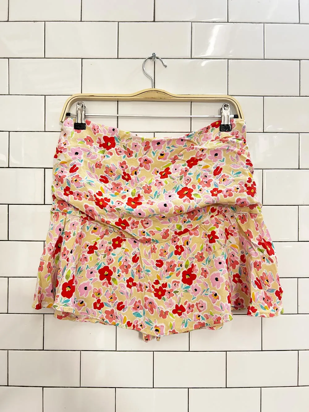 stradivarius floral ruched mini skirt