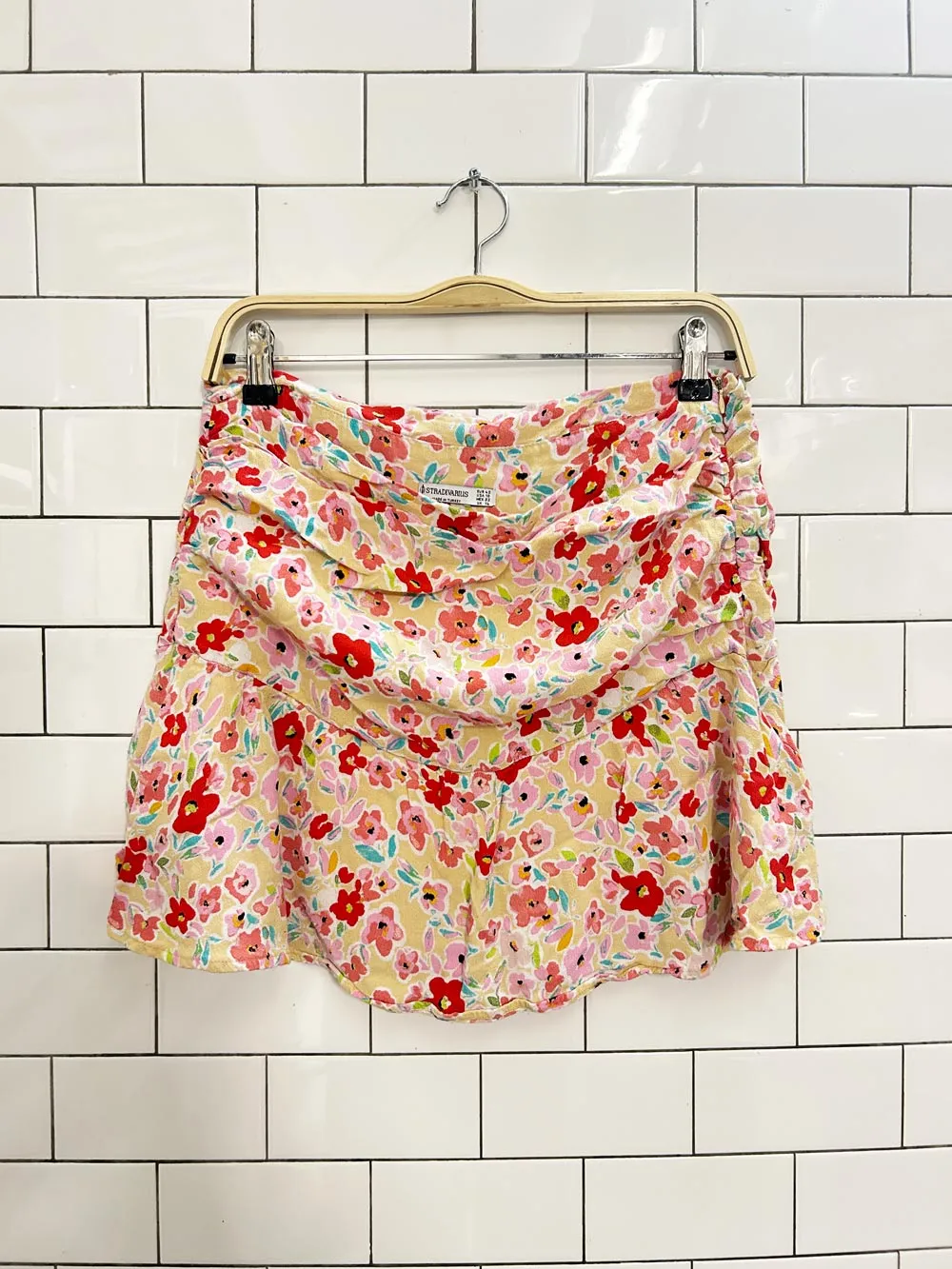 stradivarius floral ruched mini skirt