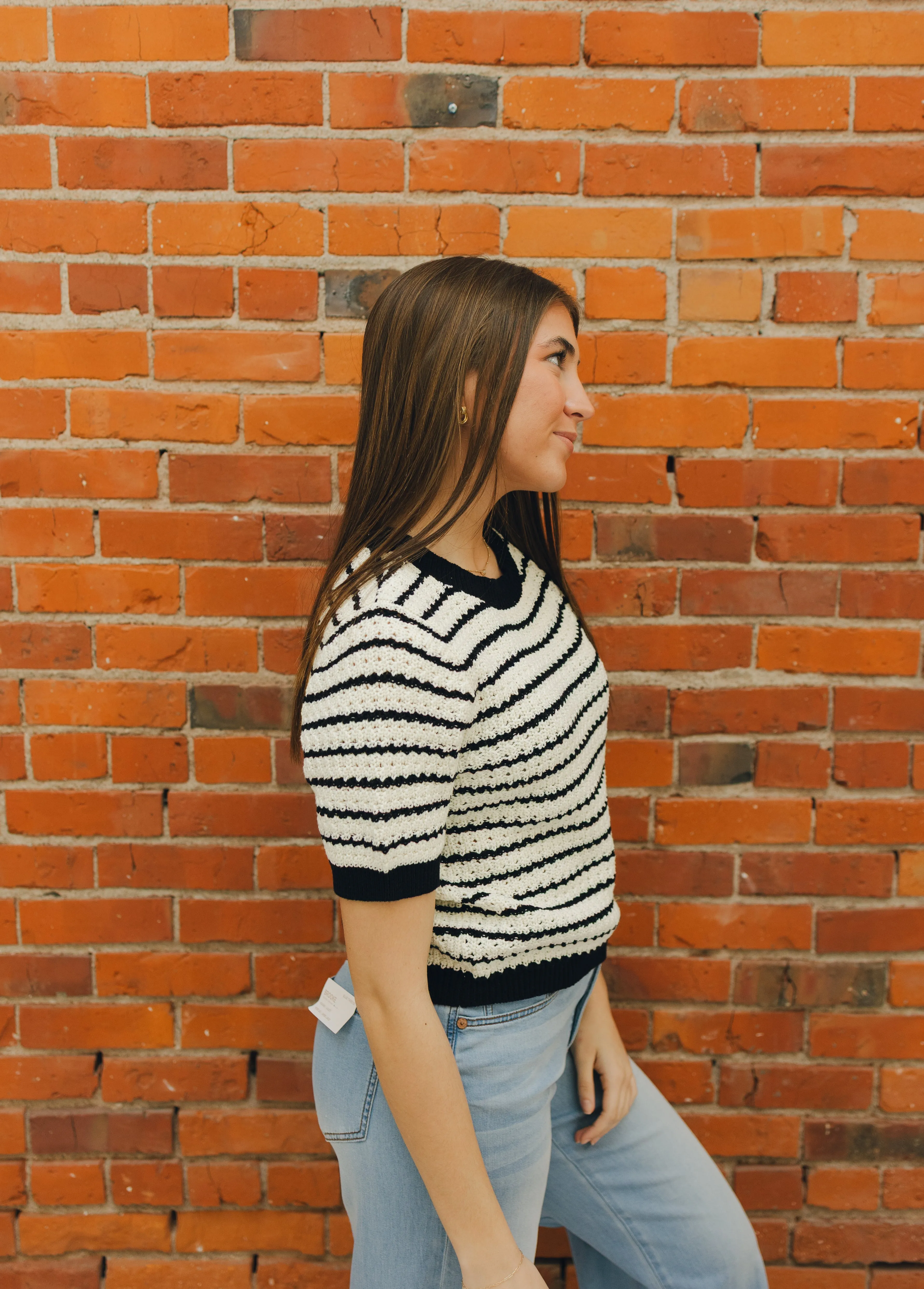 Stripe Textured Short Sleeve Sweater