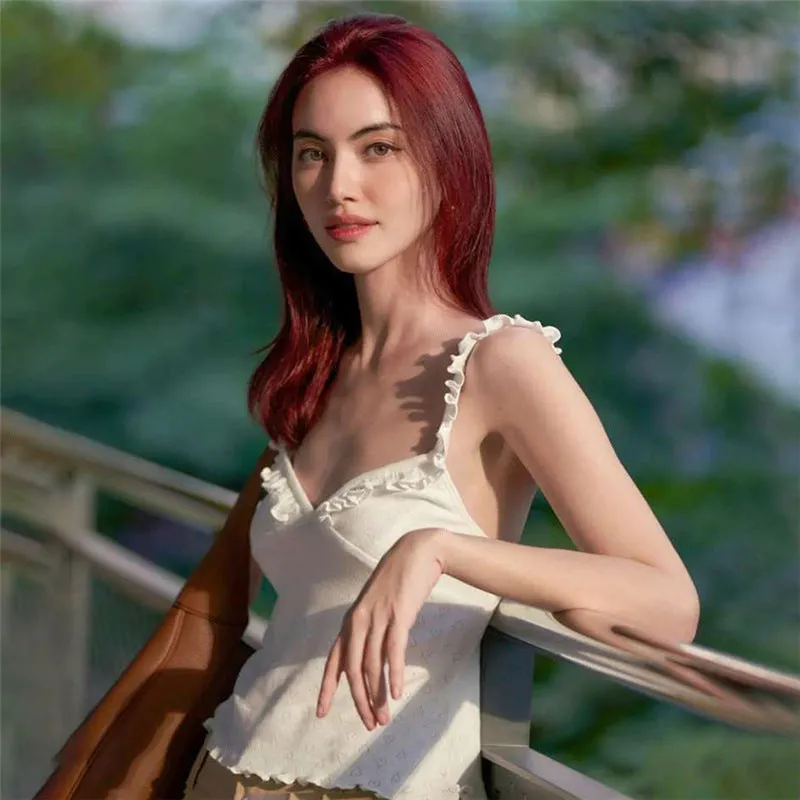 Sweet style little camisole, solid color lace V-neck little vest S-240501-30