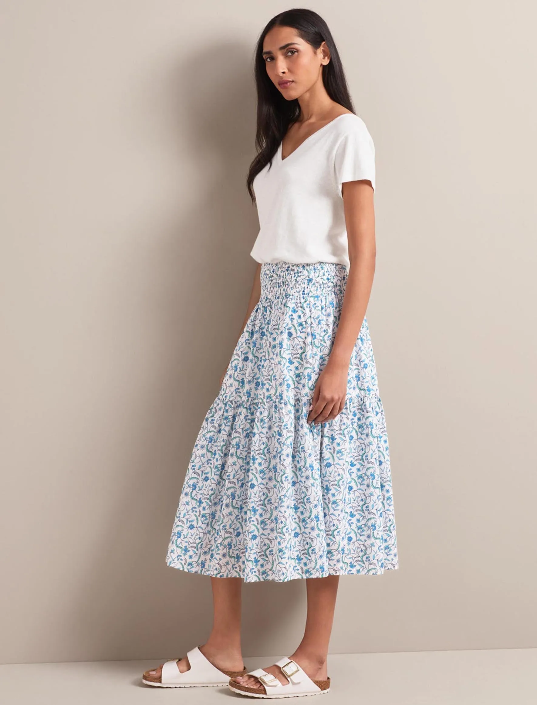 Sylvia Silk Blend Maxi Skirt - Blue Trailing Feather Print