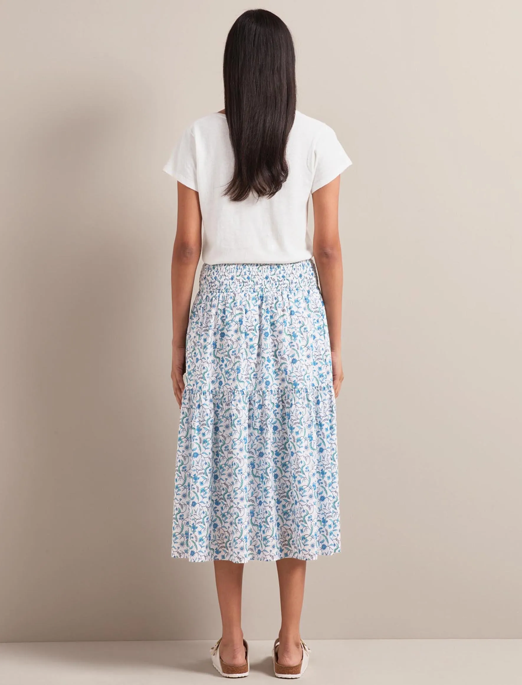 Sylvia Silk Blend Maxi Skirt - Blue Trailing Feather Print