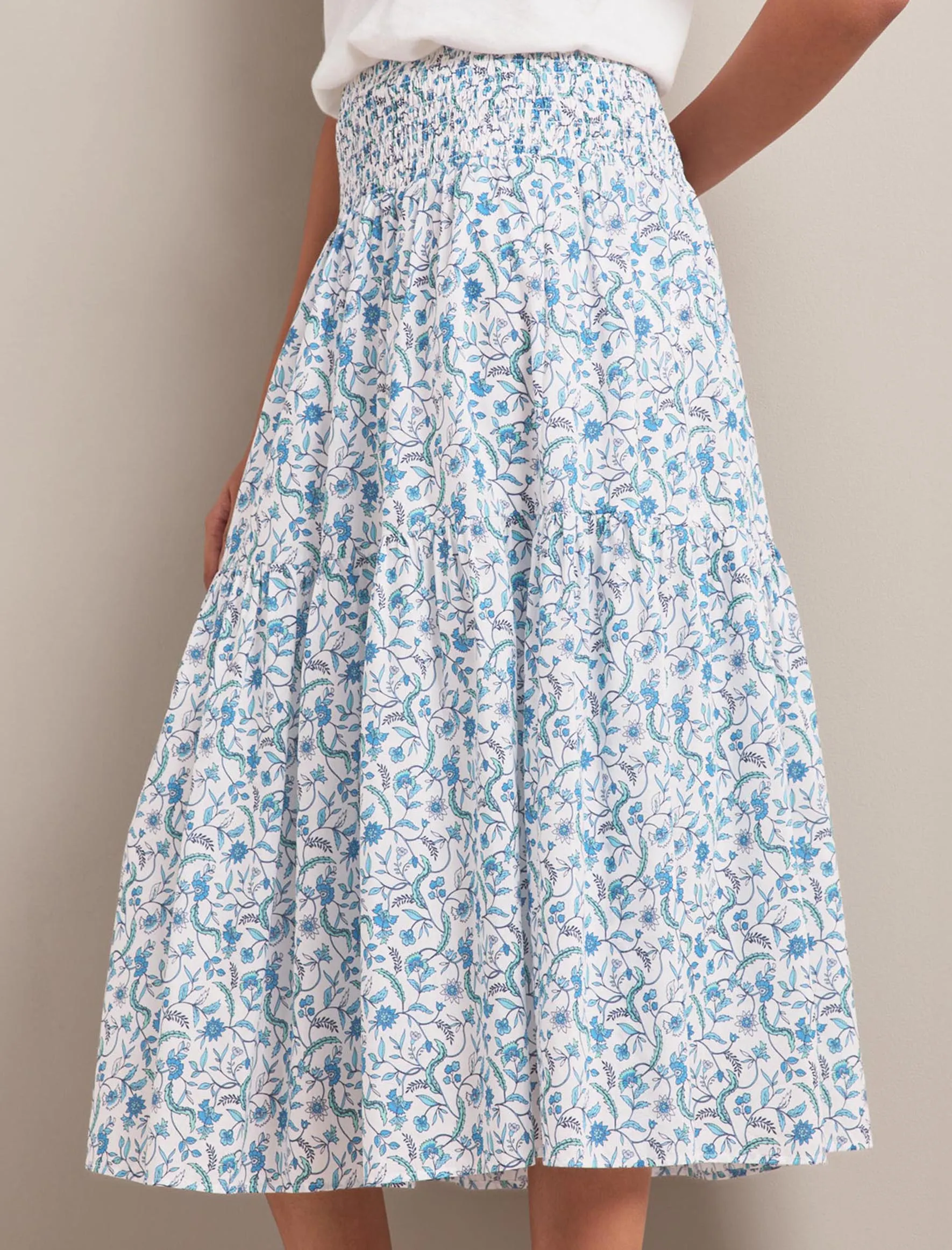 Sylvia Silk Blend Maxi Skirt - Blue Trailing Feather Print