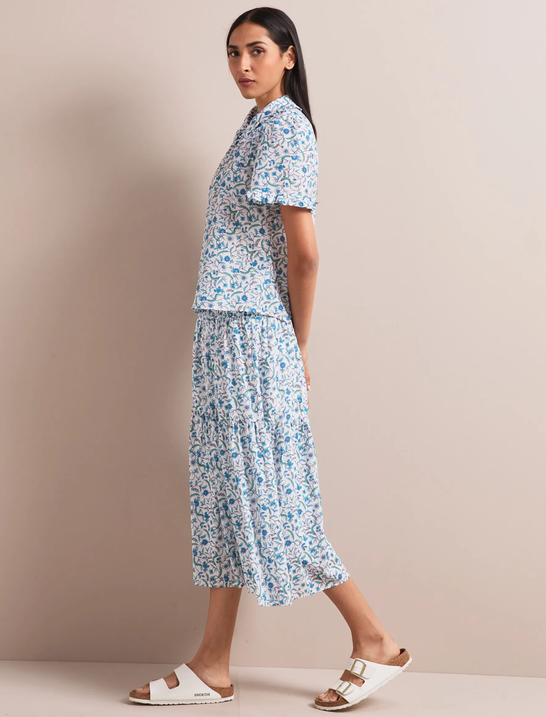 Sylvia Silk Blend Maxi Skirt - Blue Trailing Feather Print