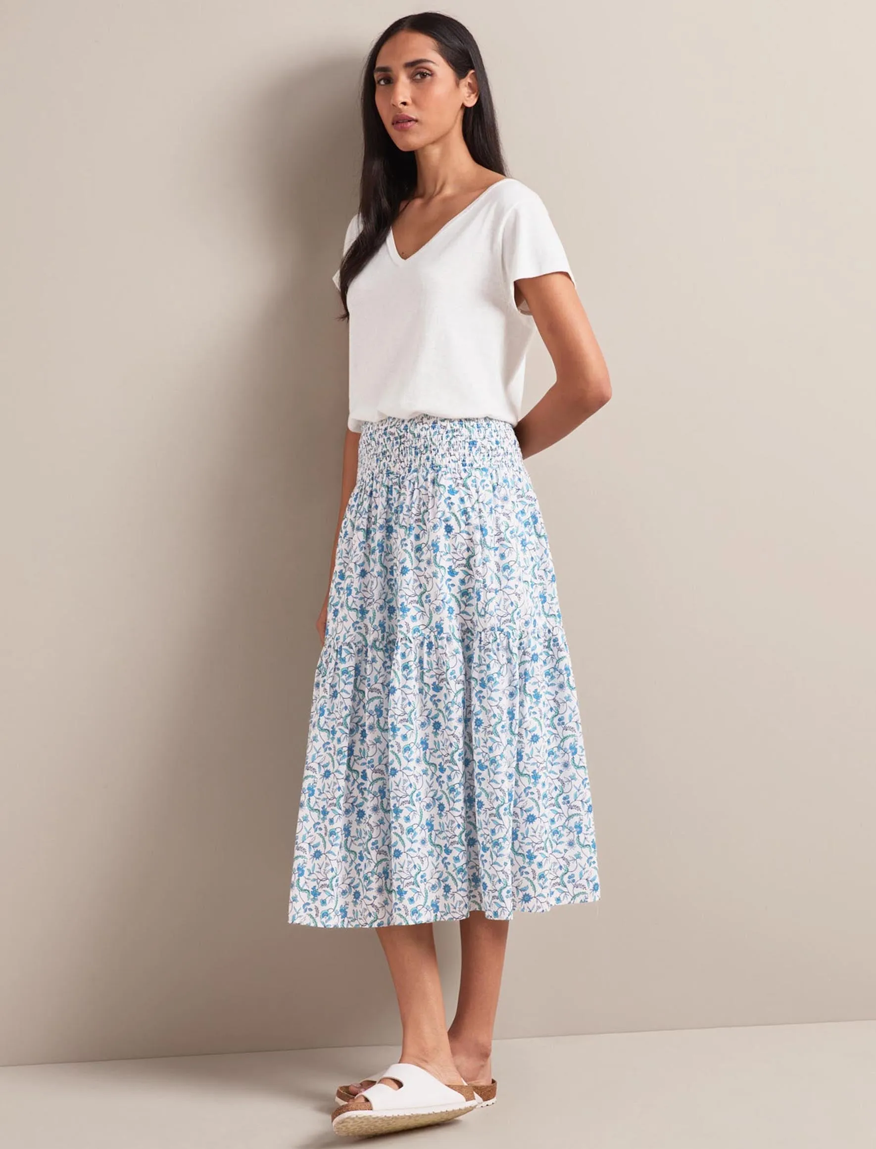Sylvia Silk Blend Maxi Skirt - Blue Trailing Feather Print