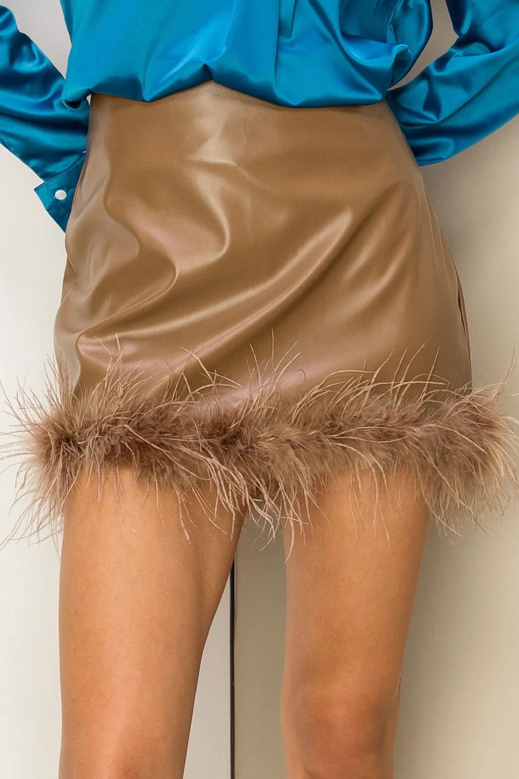 taupe faux leather   feather skirt