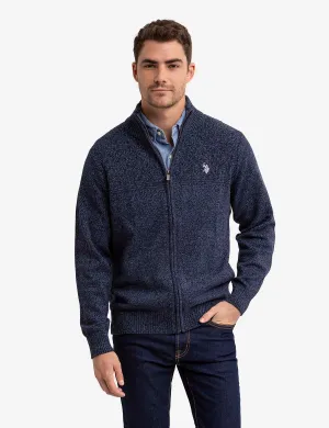 TEXTURED YOKE FULL ZIP SWEATER