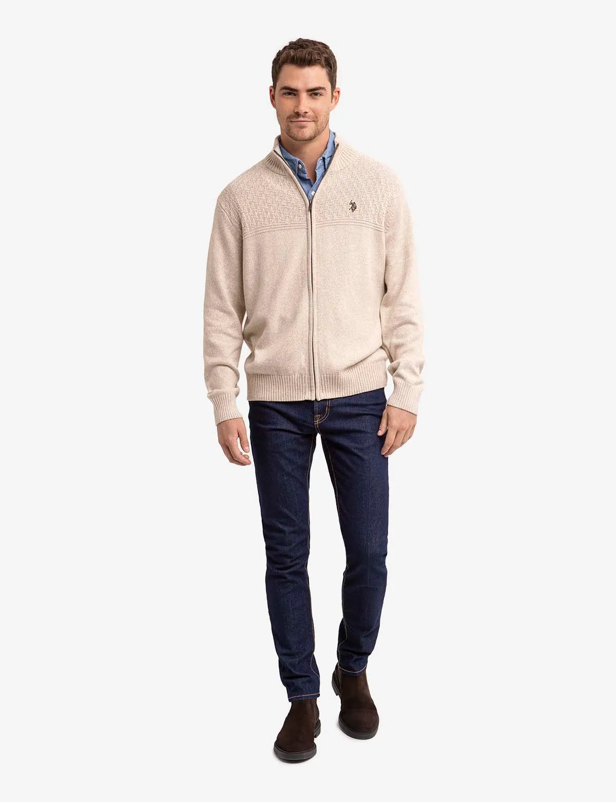 TEXTURED YOKE FULL ZIP SWEATER