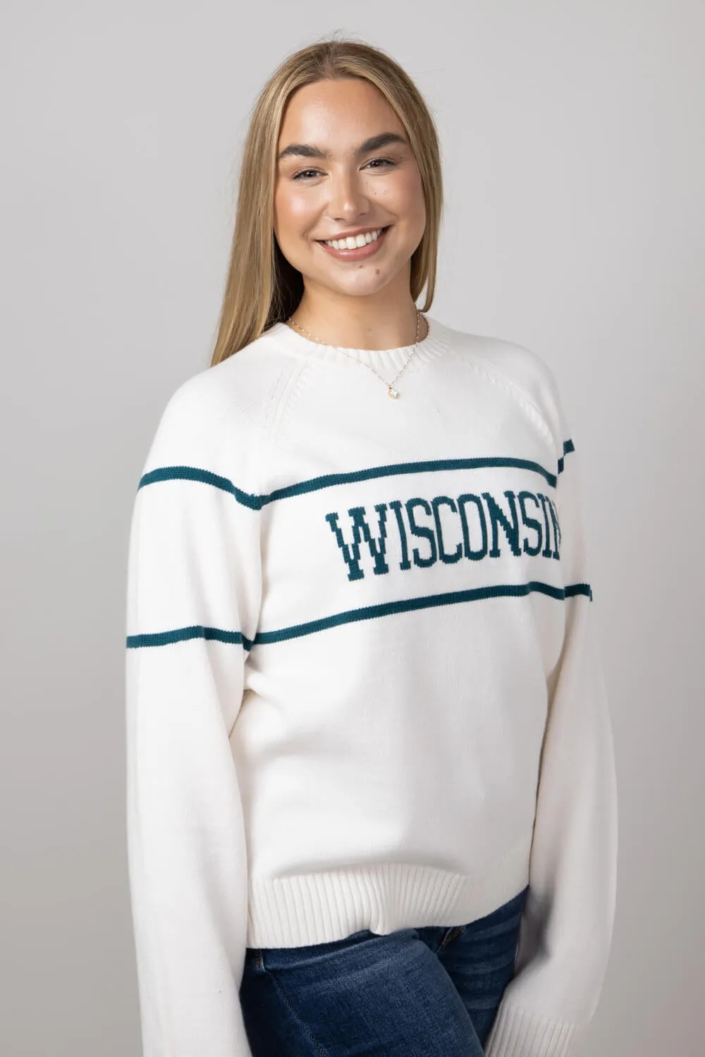 Thread & Supply Wisconsin Varsity Lettering Sweater for Women in Cream/Pinegreen | T2454SWTS-OFFWHITEPINE