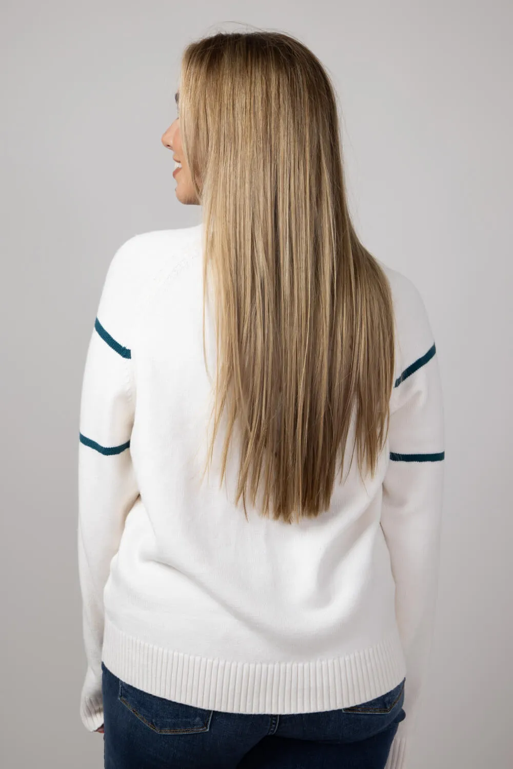 Thread & Supply Wisconsin Varsity Lettering Sweater for Women in Cream/Pinegreen | T2454SWTS-OFFWHITEPINE