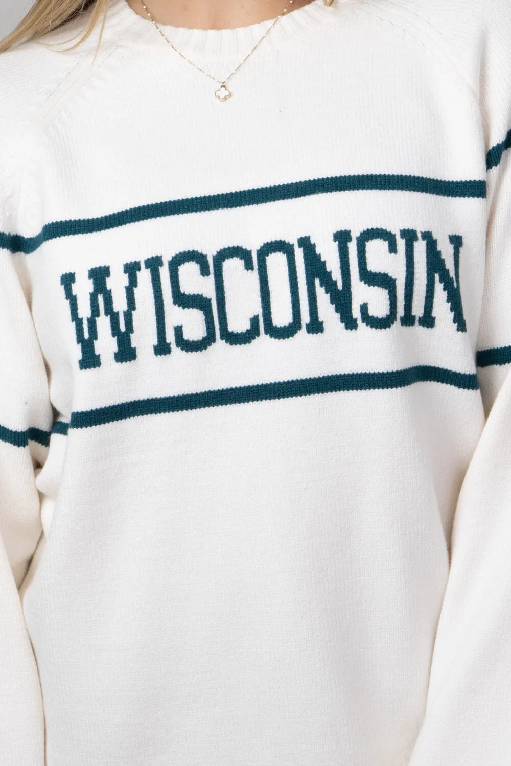 Thread & Supply Wisconsin Varsity Lettering Sweater for Women in Cream/Pinegreen | T2454SWTS-OFFWHITEPINE