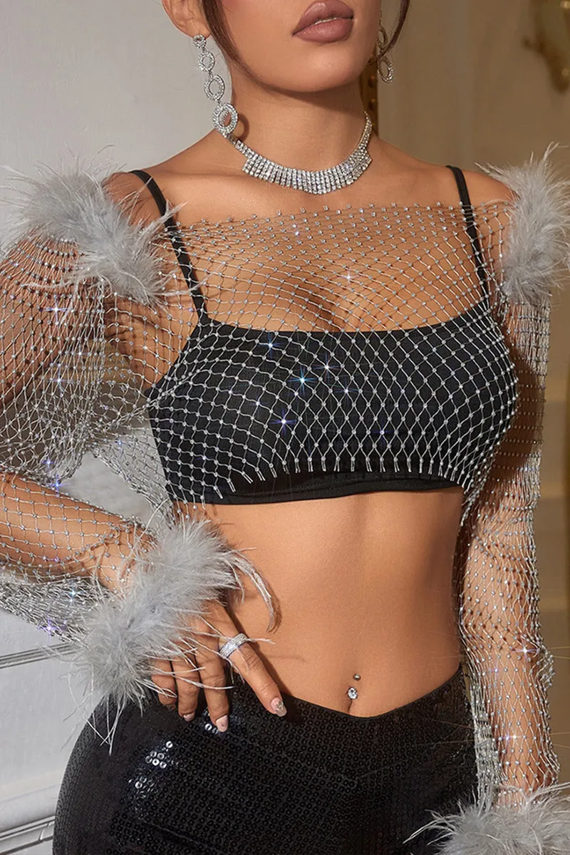 TR3018 Feather Fishnet Shirt Top